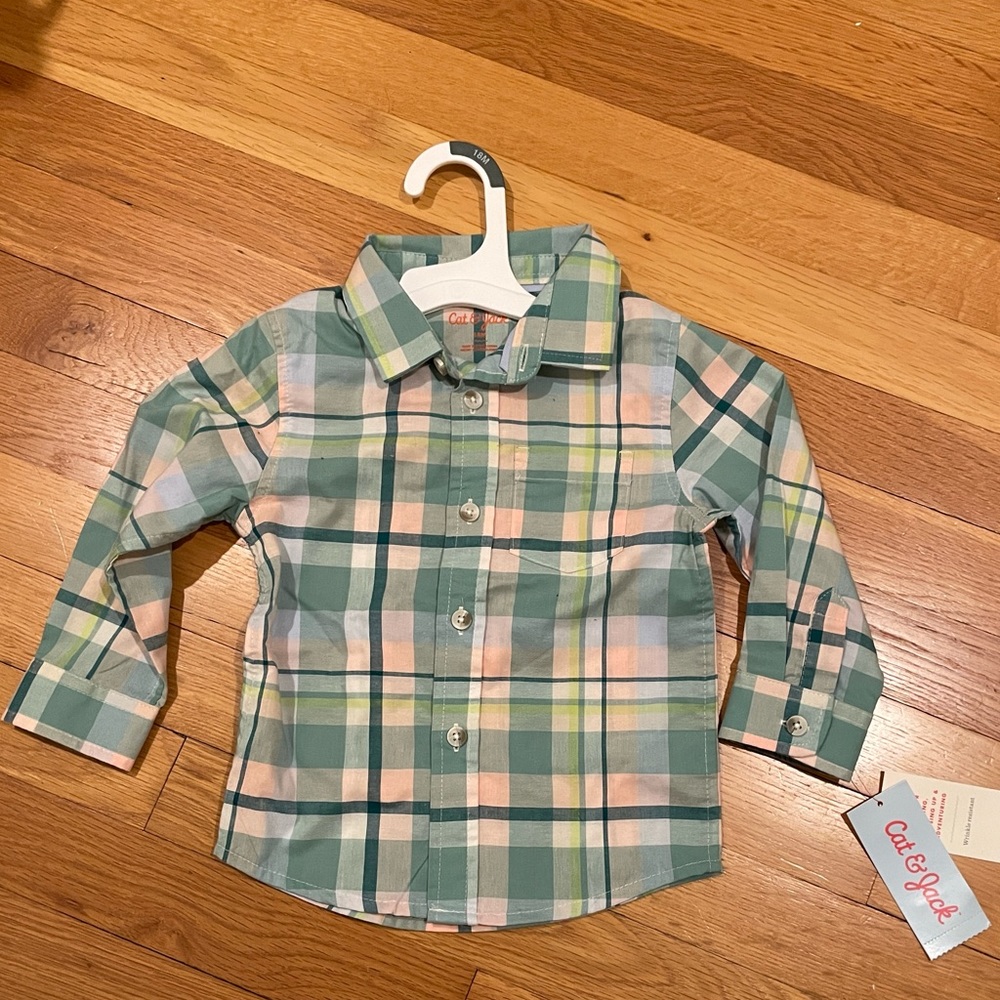 NWT Cat & Jack Long Sleeve Plaid Button Down Shirt, 18mo